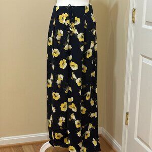 NWT Moon River Wide Leg Trousers L Dark Navy Blue Yellow Floral High Rise Flowey
